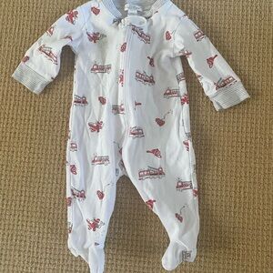 Kissy Kissy EUC White/Red Pima Fire Engines Cotton Zip Footie 3-6 Mos